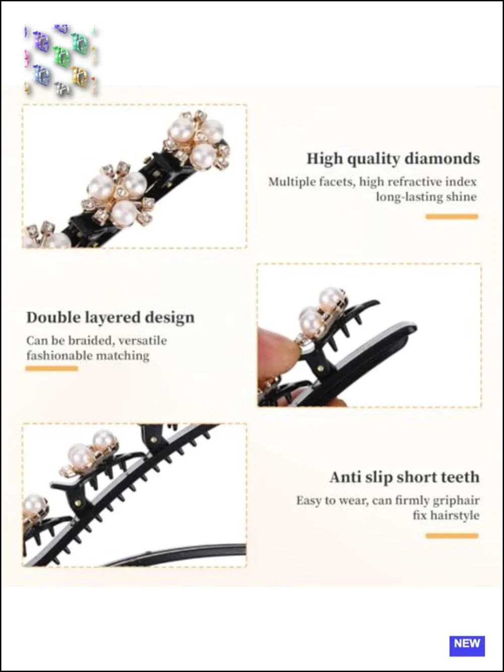 8 Pcs Braided Hair Clips Double-Layer Flower Pearl Crystal Stone Clips